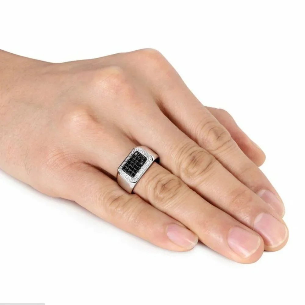 New Men 925 Silver White & Black Sapphire Ring